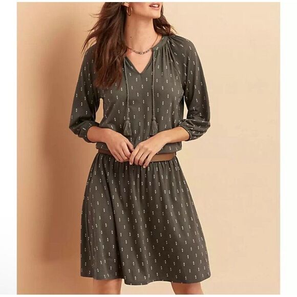 Garnet Hill Poet Knit‎ Midi Dress Medium Brown Olive Soft Knit Stretch Bohemian - Picture 2 of 16